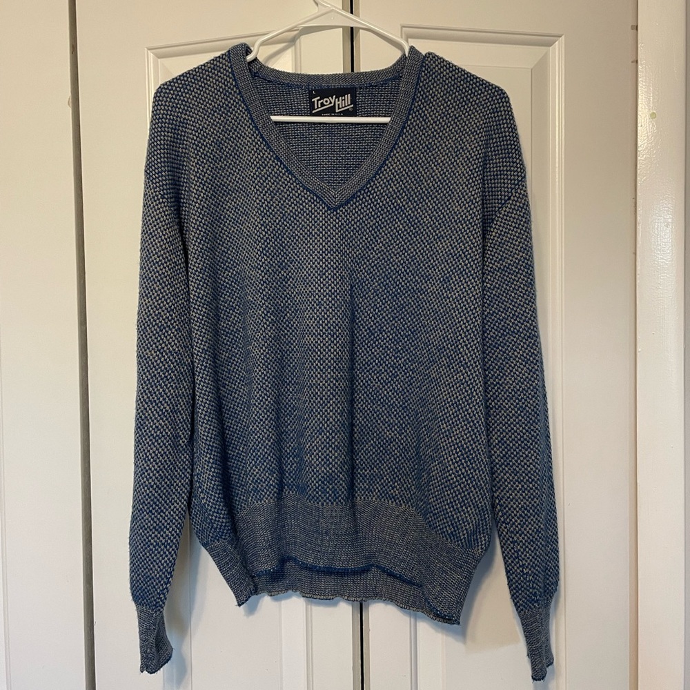 Vintage Troy Hill Blue and Gray V-Neck Sweater
